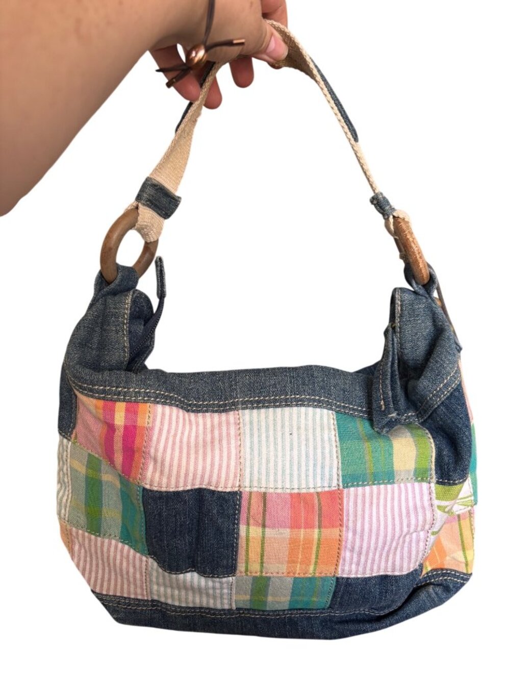 Tommy Hilfiger Patchwork Denim Shoulder Bag With Pink Lining & Woven Strap
